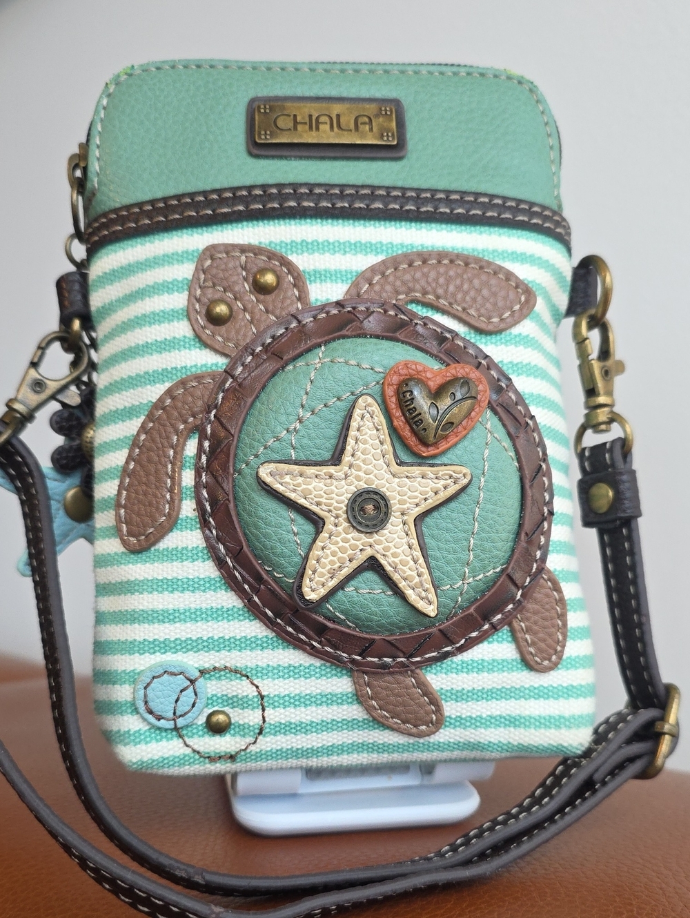 Chala Mint Green Striped Crossbody Bag with Turtle Applique